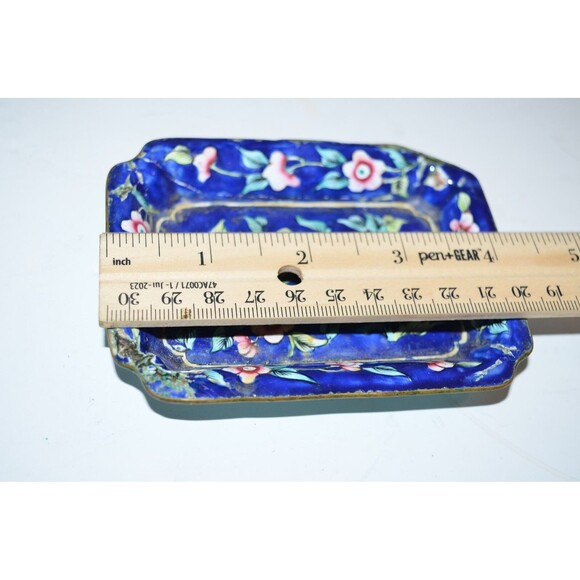 Vtg Chinese Enamel  Dish Flaws 4" Hand painted blue floral crazing rectangle - Picture 6 of 7